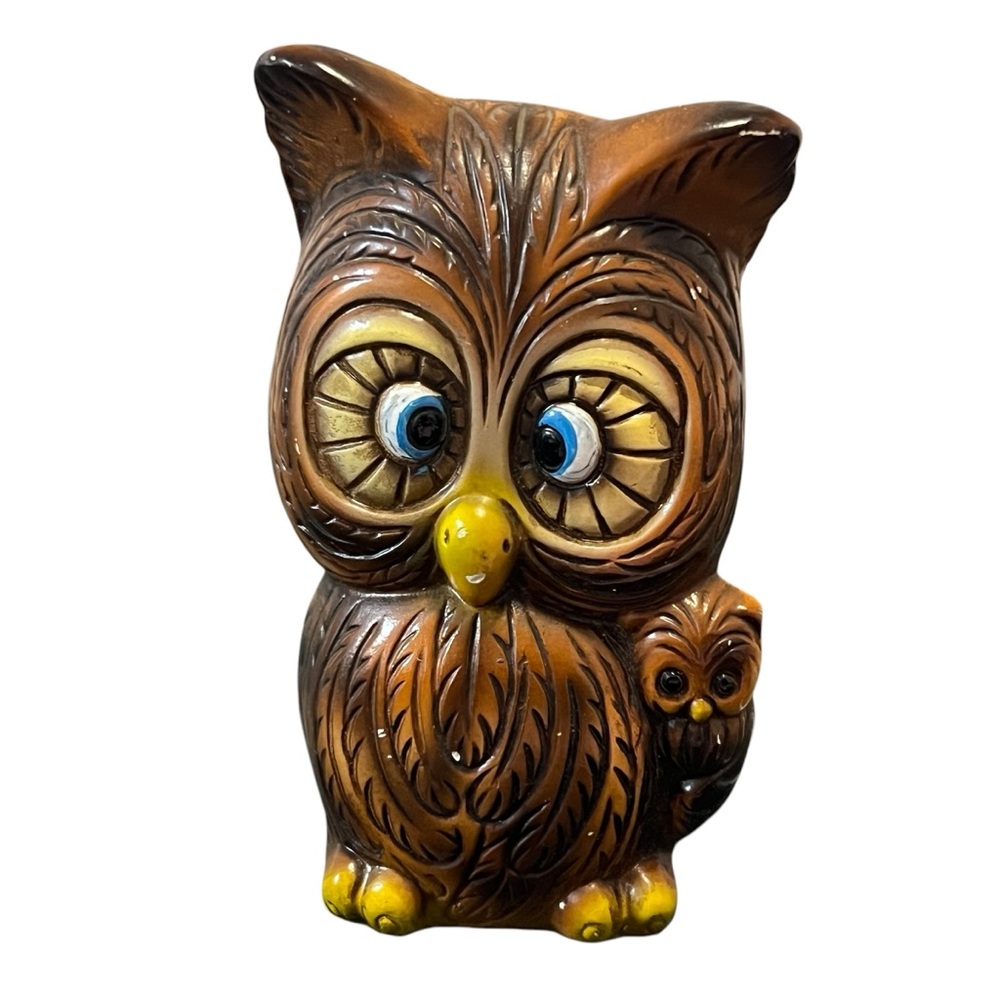Vintage 70’s Chalkware Owls Bank Owl Mama & Baby